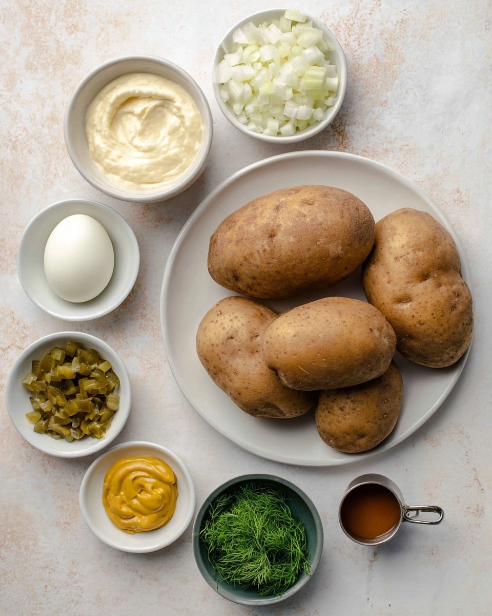 The image shows a white plate with five large potatoes that have a rough brown skin, placed on a white marbled surface. Around the plate, there are seven small white bowls arranged neatly: one bowl with smooth, creamy off-white mayonnaise, one with finely chopped white onions, one with four peeled hard-boiled eggs, one with chopped green pickles, one with yellow mustard, one with light beige mustard, and one small metal cup with a clear brown liquid. A small dark green bowl with fresh dill leaves is also included near the bottom right. The overall layout is clean and organized, with a soft natural light highlighting the textures of the ingredients. Photo taken with an iphone --ar 4:5 --v 7