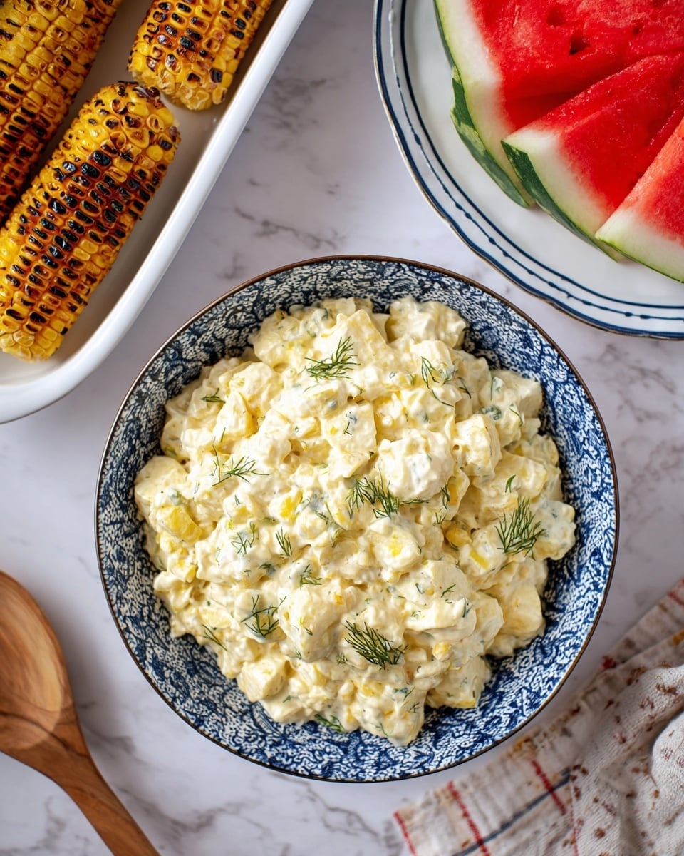 The image shows a close-up of a creamy potato salad in a blue and white patterned bowl. The salad has a thick, light yellow dressing with small chunks of potato mixed throughout and is topped with small green dill leaves for garnish. To the upper right, there is a white plate with bright red watermelon slices showing their green rind edges. On the left side, a white dish with a blue rim holds three grilled corn pieces with a golden-brown char texture. The dishes rest on a white marbled surface, and a wooden serving spoon is visible near the bottom left. photo taken with an iphone --ar 4:5 --v 7