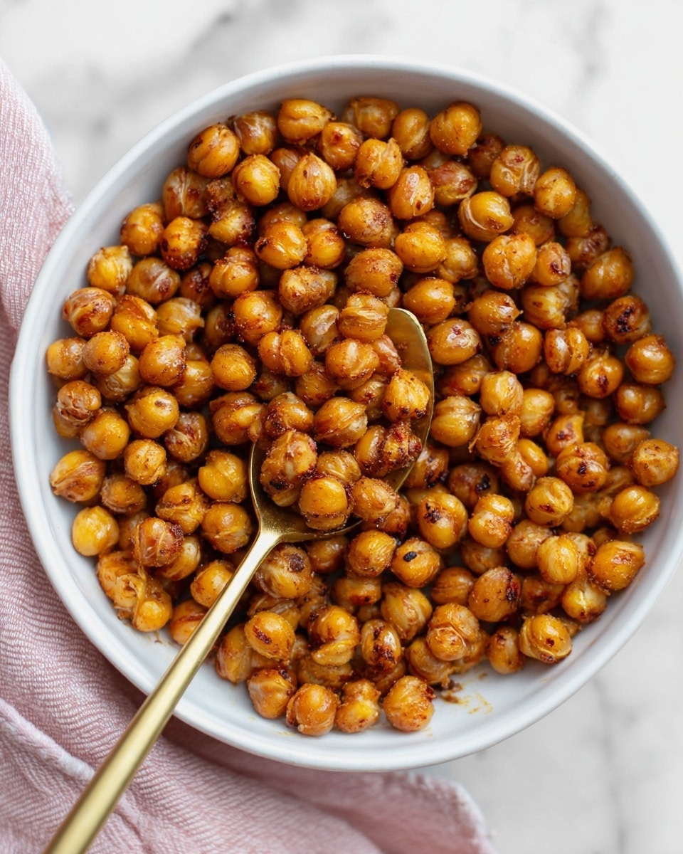 The image shows a white bowl filled with roasted chickpeas that are golden brown with a slightly shiny, crispy texture. A gold spoon is resting inside the bowl, holding a portion of the chickpeas. The chickpeas are evenly roasted with small charred spots visible. The bowl sits on a white marbled surface with a light pink cloth partly visible in the background. photo taken with an iphone --ar 4:5 --v 7