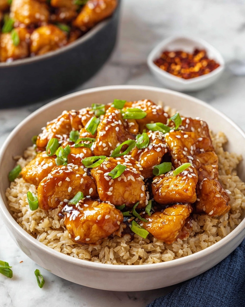 A white bowl filled with a layer of cooked brown rice at the bottom, topped with several chunks of golden brown chicken pieces glazed in a glossy sauce. The chicken is sprinkled with white sesame seeds and thinly sliced green onions scattered evenly over the top. The bowl sits on a white marbled surface with a small white dish filled with red chili flakes in the background and part of another bowl with the same dish blurred out. Photo taken with an iphone --ar 4:5 --v 7
