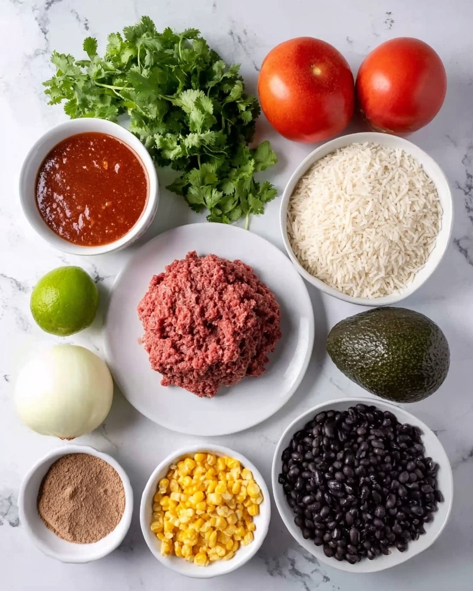 The image shows ingredients arranged on a white marbled surface, including a white bowl filled with uncooked rice at the top right, two whole tomatoes and a bunch of fresh green cilantro at the top left. Below them, there is a small white bowl with red sauce, a white plate with raw red ground meat in the center, and a smaller white bowl filled with black beans to the right. Near the bottom left, there is a white onion, a small white bowl with a brown powder, a white bowl with yellow corn kernels, a whole lime, and a whole dark green avocado positioned between the black beans and lime. All items are neatly spread out and clearly visible. Photo taken with an iphone --ar 4:5 --v 7