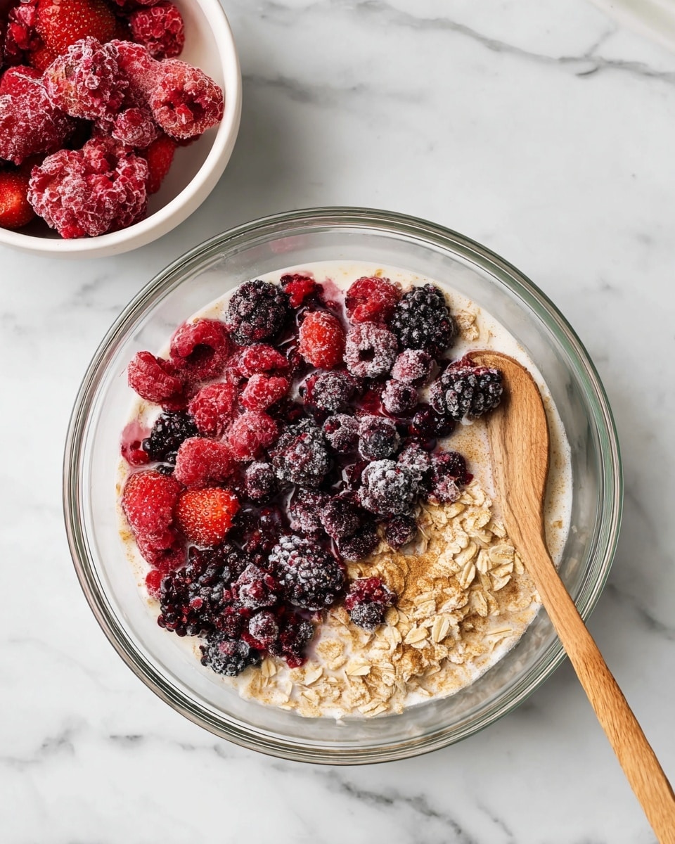 A clear glass bowl sits on a white marbled surface, filled with three layers: the bottom layer is light brown oats soaked in milk, the middle layer is the creamy milk with a sprinkle of cinnamon powder creating a soft texture, and the top layer is a mix of bright red, dark purple, and black frozen berries such as strawberries, blackberries, raspberries, and blueberries, with visible frost on them. A wooden spoon with a smooth texture rests inside the bowl on the right side. In the top left corner, there is a white bowl containing more of the same frozen berries. Photo taken with an iphone --ar 4:5 --v 7