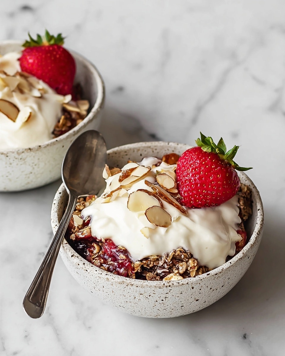 Two white speckled bowls sit on a white marbled surface, each holding a layered dessert. The bottom layer is a textured, dark brown and red fruit crumble with oats and nuts visible. Above this is a smooth, thick white cream layer spread generously. One bowl features a whole bright red strawberry with a green leafy top placed on the cream, while the other has just cream and sliced almonds scattered on top. A silver spoon rests inside the bowl with the strawberry. Photo taken with an iphone --ar 4:5 --v 7