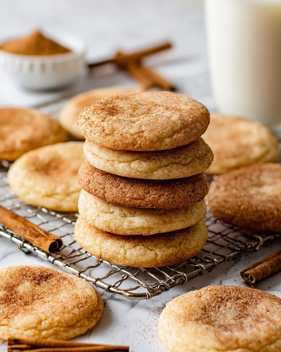 A stack of seven soft, round cookies with a light golden-brown color and a dusting of cinnamon sugar on top sits on a silver cooling rack. The cookies have a slightly cracked texture on the surface. Surrounding the stack are several more cookies lying flat on a white marbled surface, some showing their cinnamon sugar coating clearly. In the background, a glass of milk is partially visible, along with a small white bowl filled with cinnamon sugar and a couple of cinnamon sticks resting near the cookies. photo taken with an iphone --ar 4:5 --v 7