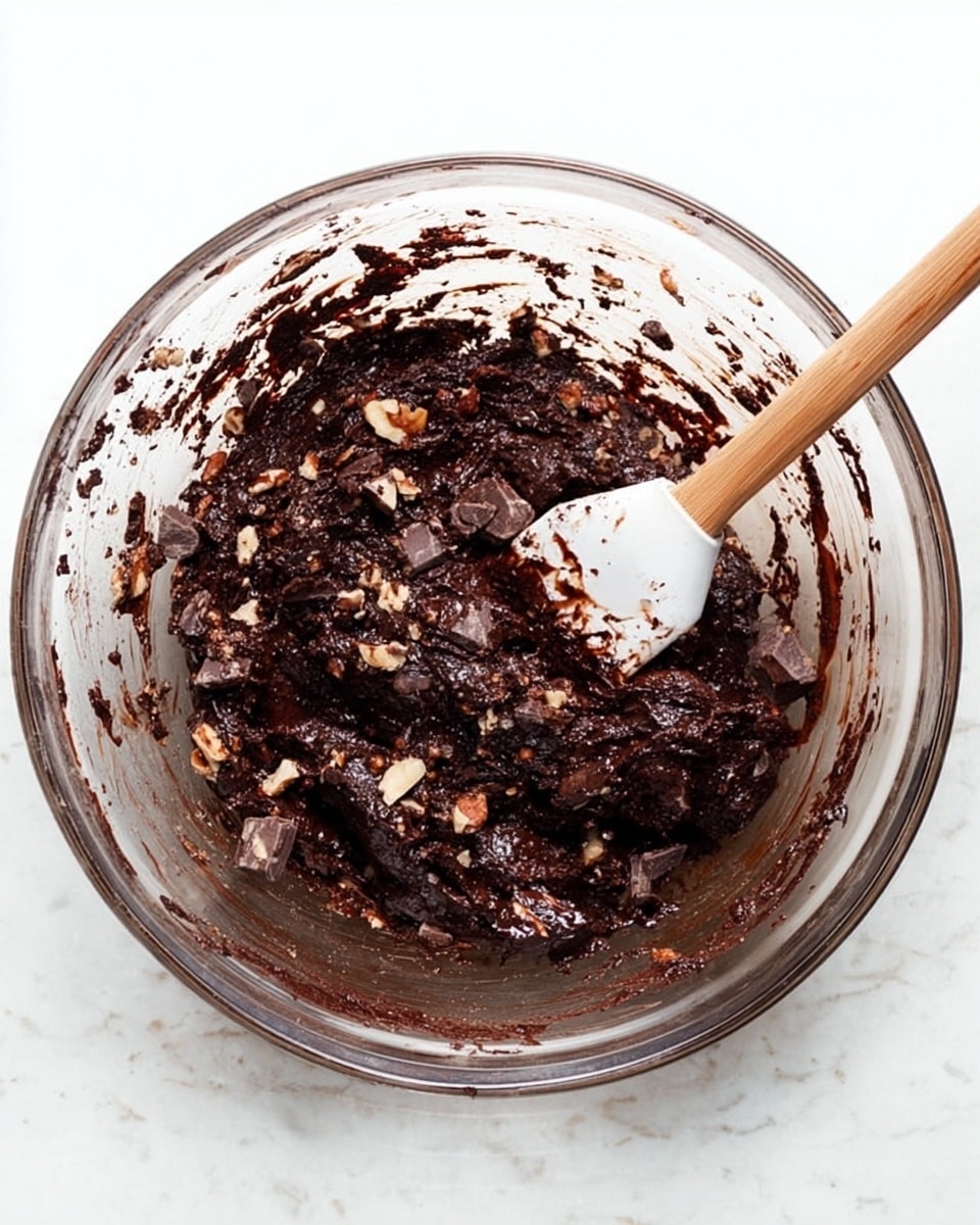 A clear glass bowl filled with dark chocolate mixture that looks thick and sticky, with chunks of nuts and small chocolate pieces mixed inside. A wooden spoon with a white silicone tip rests inside the bowl, partly covered with the chocolate mix. The bowl sits on a white marbled surface, and the chocolate mixture has uneven texture with bits spread around the inside edges of the bowl photo taken with an iphone --ar 4:5 --v 7