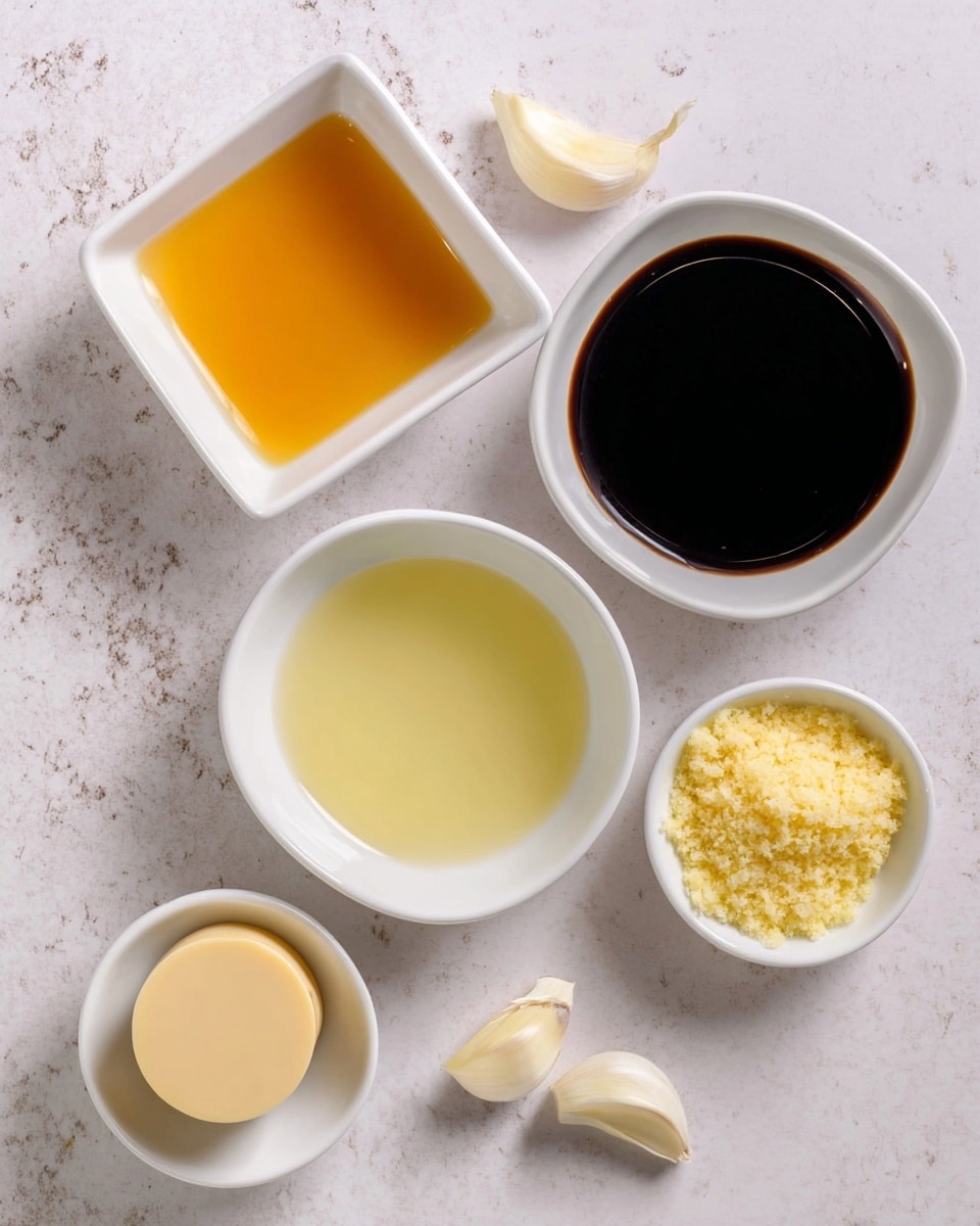 Five white square bowls are placed on a white marbled surface. The top left bowl holds a thick, bright orange sauce. The bowl to its right contains a very dark, almost black liquid. Below the orange sauce is a smaller bowl filled with a clear, pale yellow liquid. At the bottom left, a bowl holds a round, beige solid block. The bottom right bowl contains a small pile of finely chopped or crushed pale yellow garlic. There are three garlic cloves lying loose near the bowls. Photo taken with an iphone --ar 4:5 --v 7
