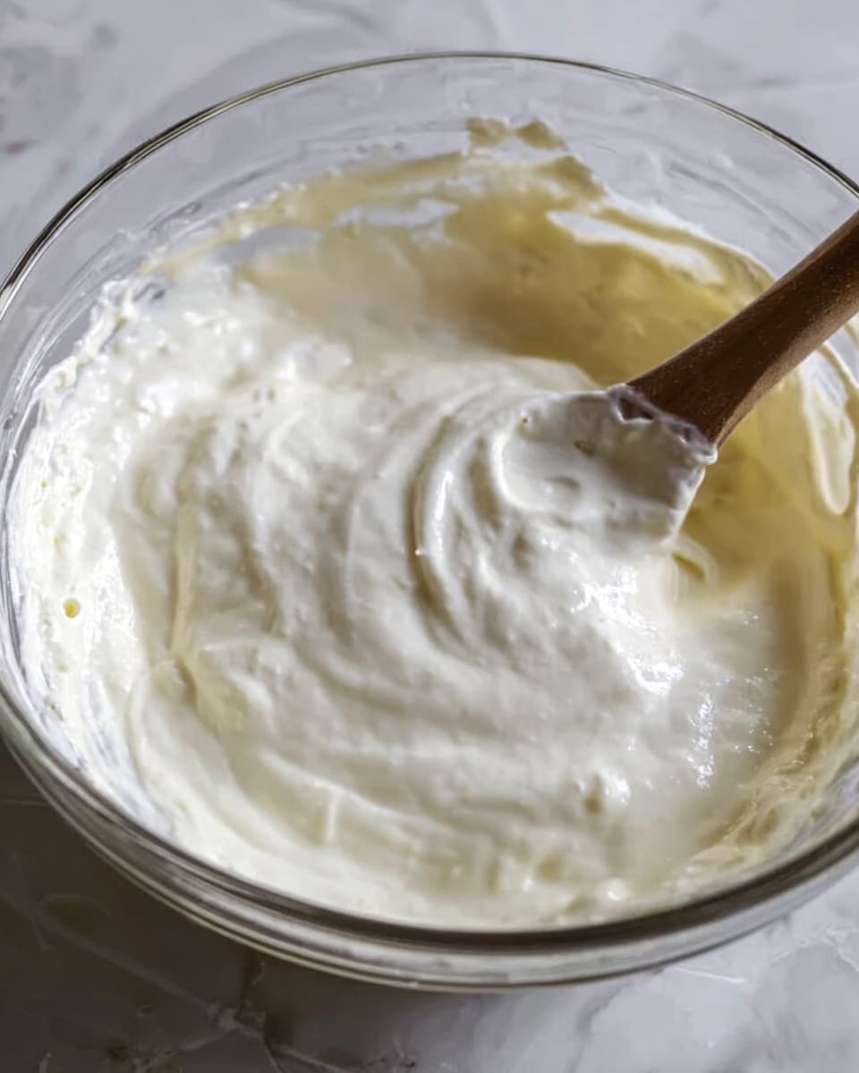 The image shows a clear glass bowl filled with a thick, creamy white mixture that looks smooth and fluffy. A wooden spoon with some of the mixture on it is resting inside the bowl, partially covered in the same creamy texture. The background is a white marbled surface, giving a clean and bright feel to the scene. The creamy mixture has soft peaks and slight air bubbles visible, showing its light and airy texture. The bowl is filled almost to the top and the focus is on the texture of the cream inside the bowl. photo taken with an iphone --ar 4:5 --v 7