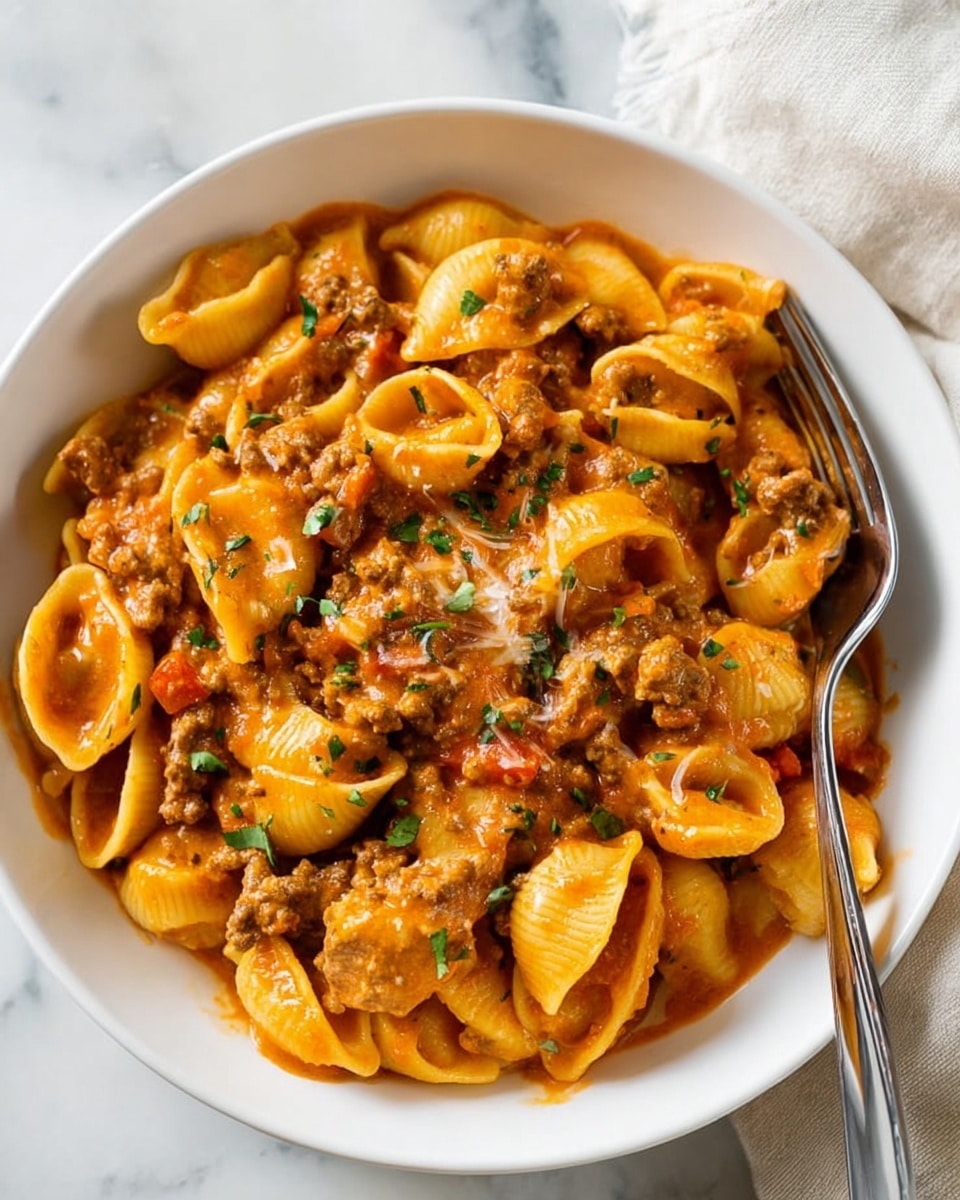 A white bowl filled with shell pasta in a creamy tomato sauce with ground meat mixed in, showing a rich orange color. The shells are coated thickly with sauce, and there are visible chunks of tomatoes and bits of green herbs sprinkled on top. A fork is resting inside the bowl on the right side. The bowl sits on a white marbled surface with a light-colored cloth partially visible in the background photo taken with an iphone --ar 4:5 --v 7