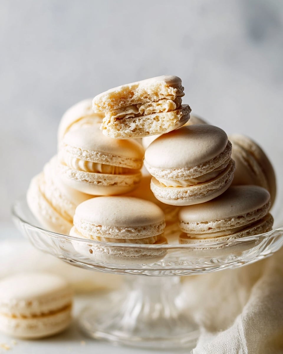 A clear glass dish holding a pile of pale beige macarons with smooth tops and ruffled edges around the middle layers. One macaron is broken in half and placed on top, showing three layers: a smooth light beige shell, a creamy beige filling in the middle, and a slightly crumbly interior texture. The dish is set on a white marbled surface with soft natural light highlighting the delicate texture of the macarons photo taken with an iphone --ar 4:5 --v 7