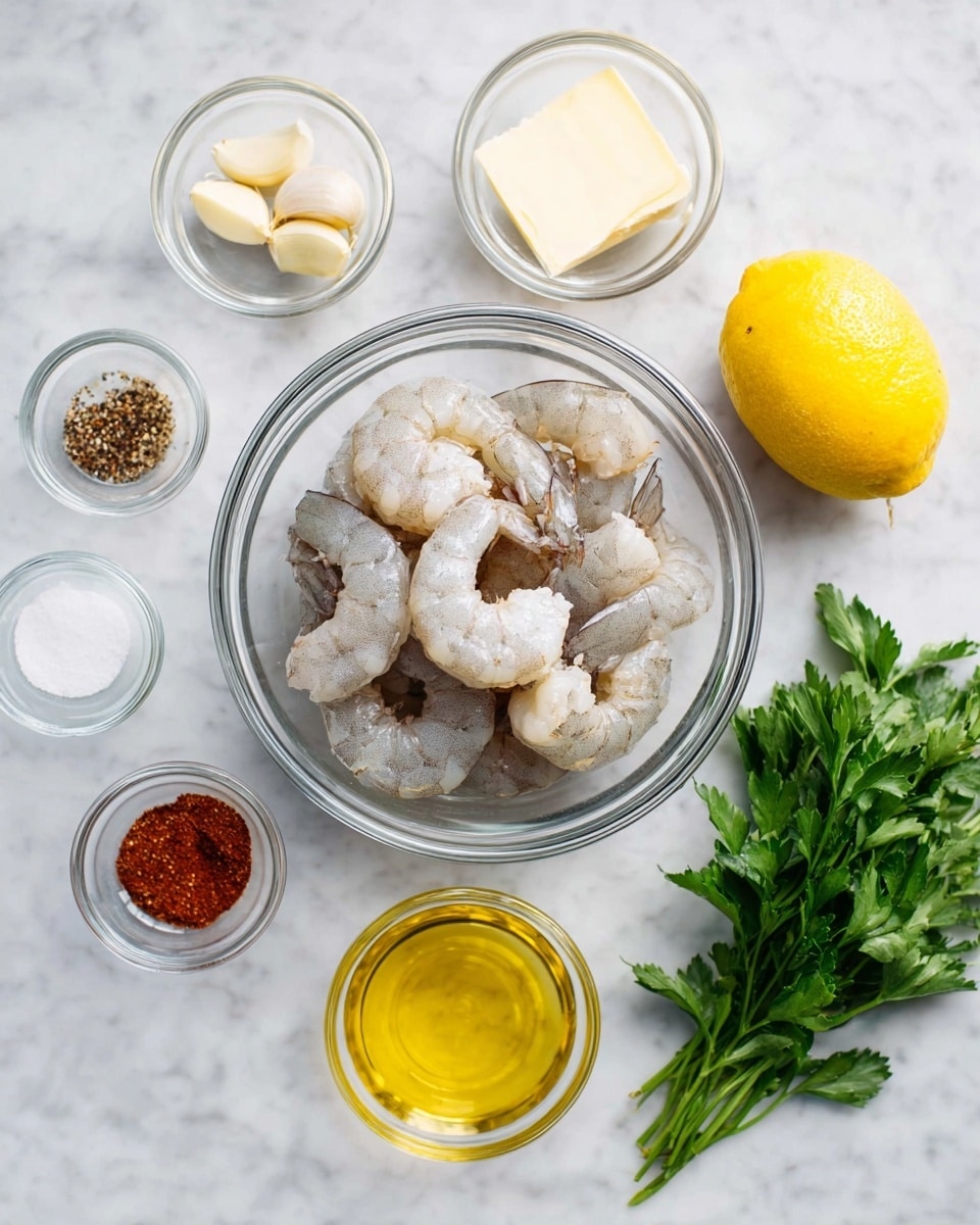 A clear glass bowl in the center holds a pile of raw shrimp with a pale grayish-white color and firm texture. Surrounding the bowl are six smaller glass bowls: one with four peeled garlic cloves, one with a mix of red and black spices and white salt and sugar, one with a cube of pale yellow butter, one with a clear golden liquid, likely olive oil, and a bunch of fresh bright green parsley. A whole bright yellow lemon sits at the top right, adding a vivid color contrast. All items are placed on a white marbled surface. Photo taken with an iphone --ar 4:5 --v 7