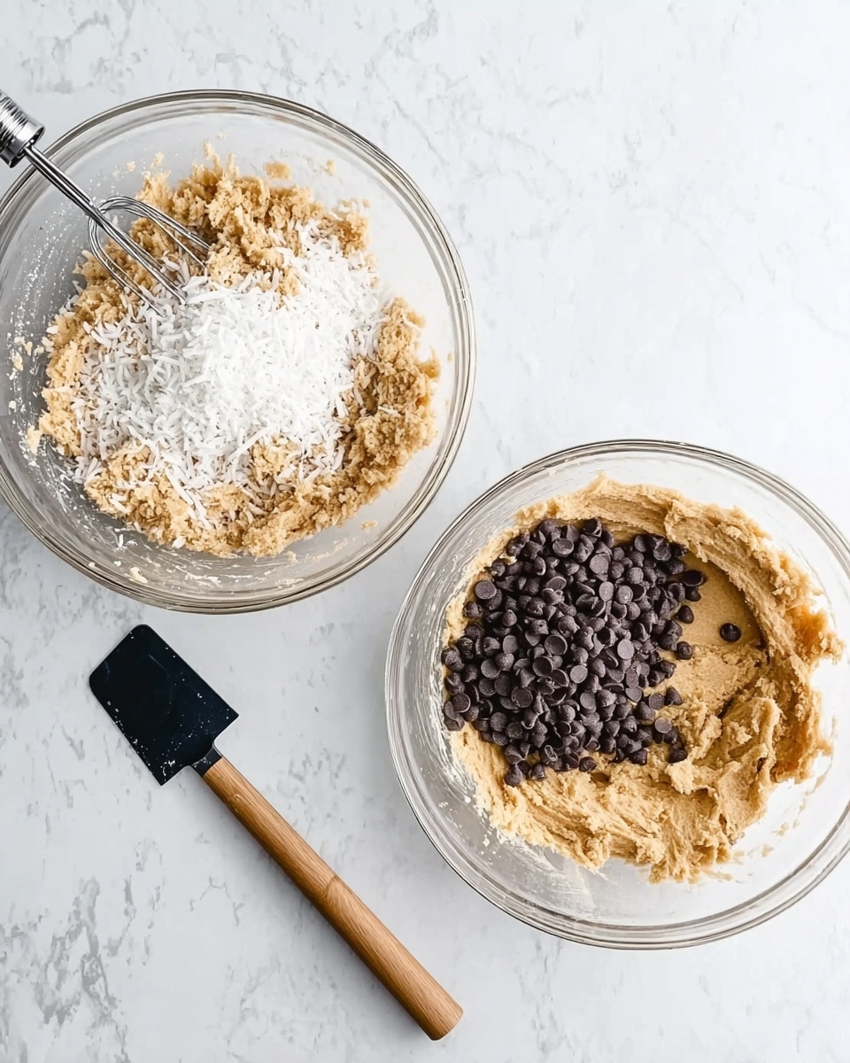The image shows two clear glass bowls on a white marbled surface. The bowl on the left has light brown cookie dough mixed with white shredded coconut on top, and a silver hand mixer partially shown resting in the bowl. The bowl on the right contains the same light brown dough with a pile of dark chocolate chips sitting separately on one side, with a black spatula with a wooden handle placed nearby on the surface. The dough looks smooth but dense in both bowls. Photo taken with an iphone --ar 4:5 --v 7