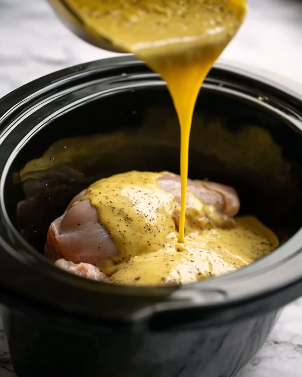 A close-up image shows two raw chicken pieces at the bottom of a black slow cooker. A thick yellow sauce with specks of black pepper is being poured over the chicken, covering it partially. The slow cooker sits on a white marbled surface. Photo taken with an iphone --ar 4:5 --v 7