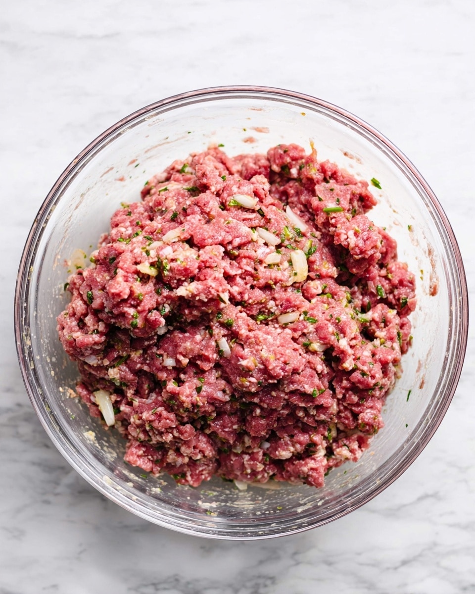 A clear glass bowl filled with a mix of raw ground meat blended with small white onion pieces and green herbs. The texture looks coarse with visible specks of seasoning and bits of onion scattered throughout. The bowl sits on a white marbled surface, showing a mix of pinkish-red, white, and green colors spread evenly in the mixture. Photo taken with an iphone --ar 4:5 --v 7
