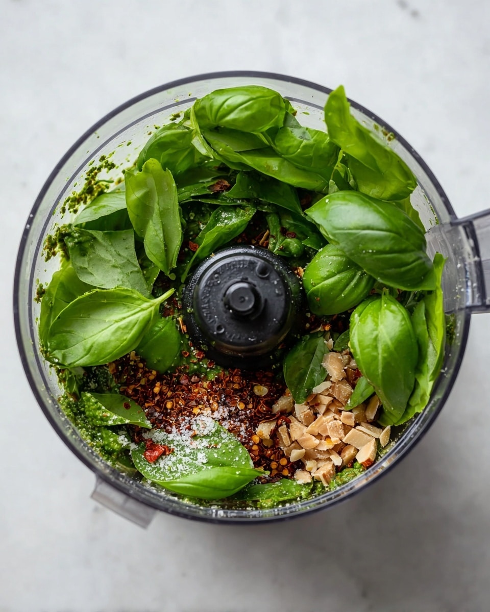 Inside a clear food processor bowl, bright green fresh basil leaves form the top thick layer, sprinkled with coarse salt giving a light white dusting. Below the basil, a mix of reddish-brown chili flakes and tiny light beige bits can be seen scattered unevenly. The black central blade holder stands out in the middle, surrounded by the colorful ingredients. The bowl sits on a white marbled surface, adding a clean and fresh look to the image photo taken with an iphone --ar 4:5 --v 7
