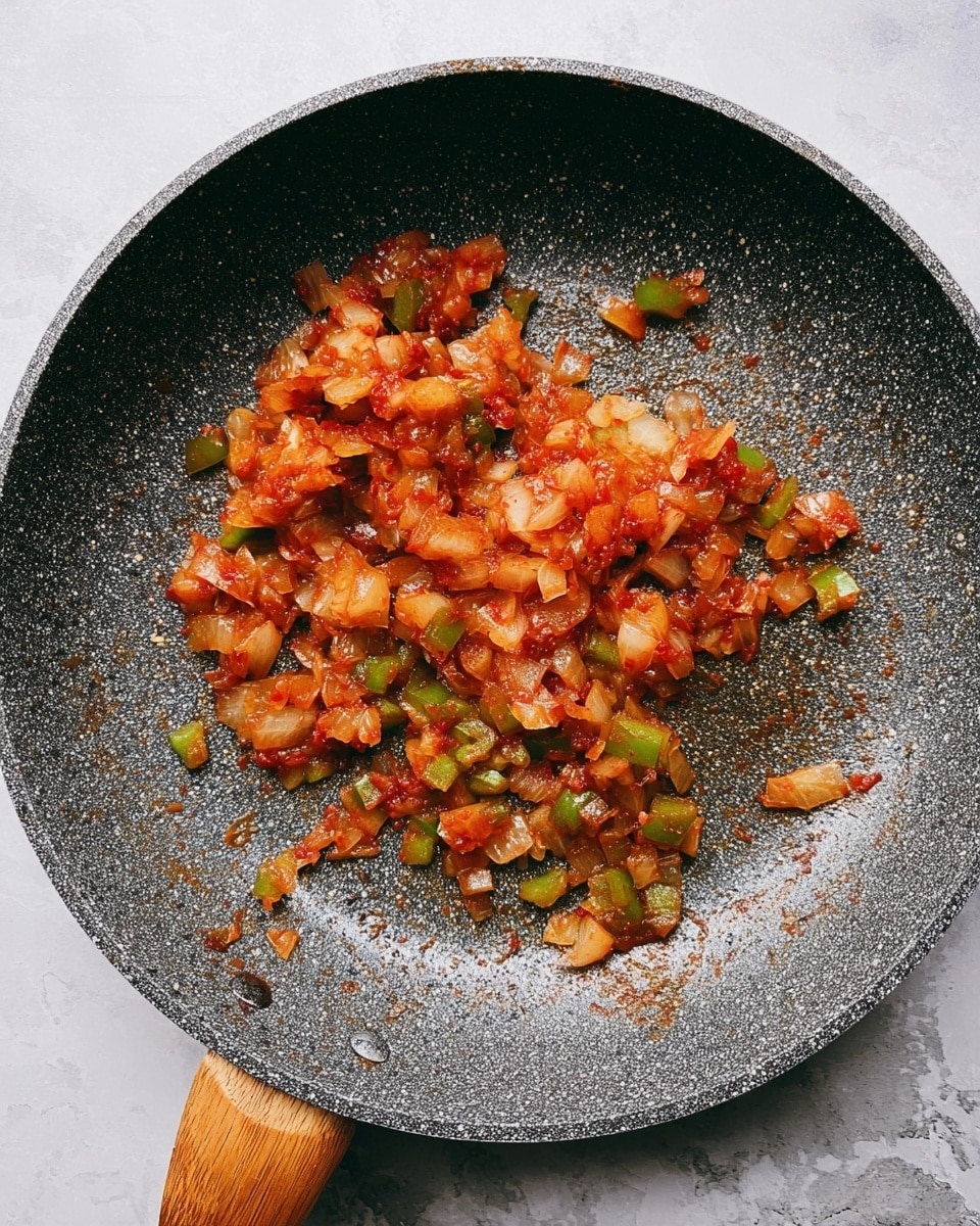 A close-up top view of a frying pan with cooked diced onions and green peppers mixed with a red sauce, showing soft textures and a slight shine from oil, the ingredients spread unevenly across the grey speckled pan's surface which has a wooden handle, all set on a white marbled texture background photo taken with an iphone --ar 4:5 --v 7