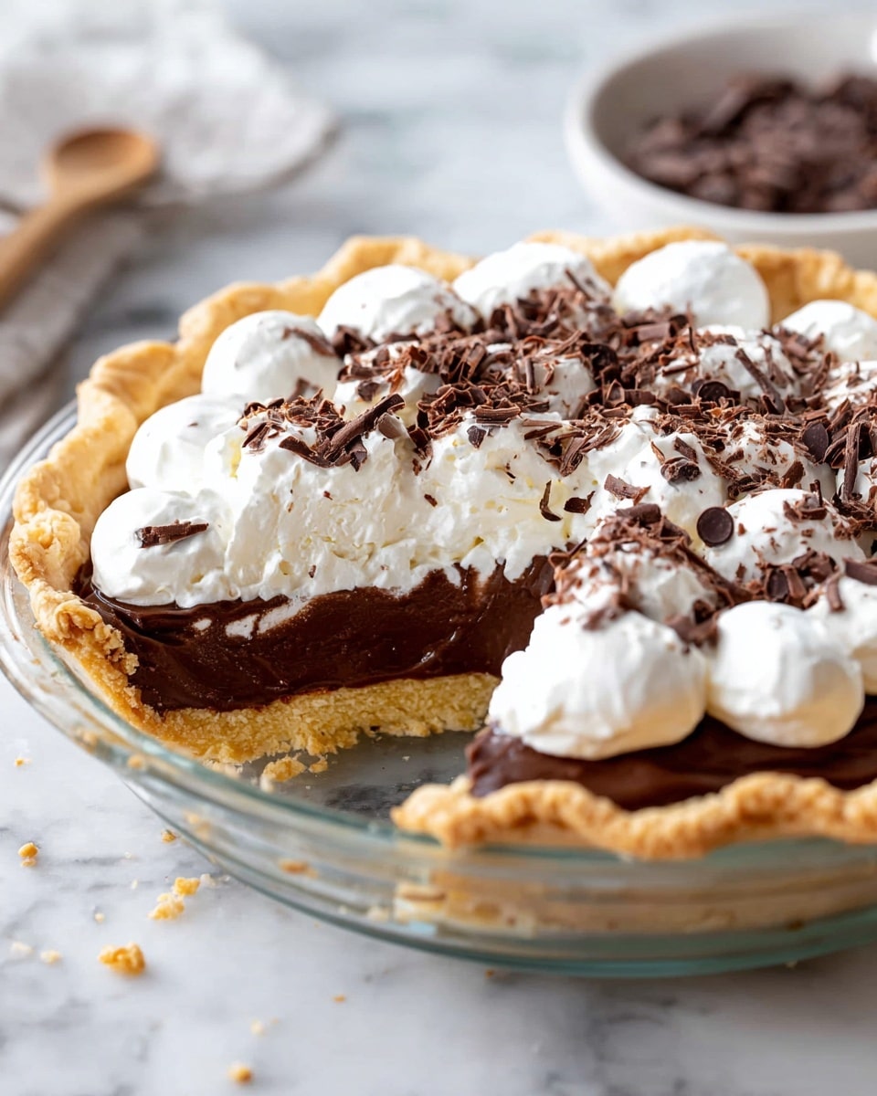 The image shows a pie with three layers in a clear glass pie dish on a white marbled surface. The bottom layer is a light golden flaky crust with a rough edge, the middle layer is a thick, smooth dark chocolate filling, and the top layer is puffy white whipped cream piped in round dollops. The whipped cream is sprinkled with dark chocolate curls that add texture and contrast. There are some crumbs from the crust on the surface near the pie. In the background, there is a blurred white bowl with more chocolate curls and a small wooden spoon. photo taken with an iphone --ar 4:5 --v 7