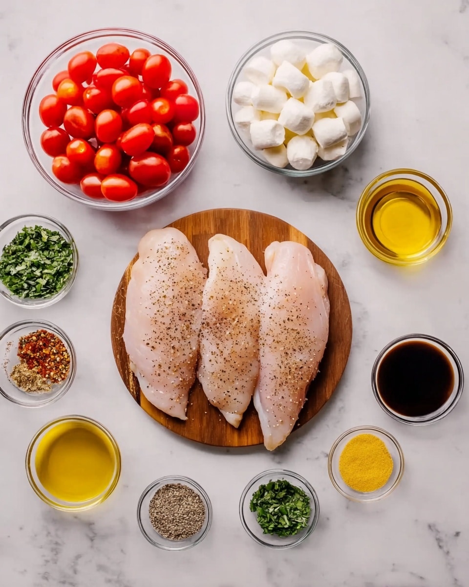 The image shows a white marbled surface with a wooden board in the center holding four thin raw chicken pieces sprinkled with black pepper. Around the board, there are small clear glass bowls arranged neatly: one with halved red cherry tomatoes, another with small white mozzarella balls, one with chopped green herbs, one with yellow oil, one with dark soy sauce, one with golden honey, one with minced garlic, a small amount of yellow mustard, and two small bowls with dried black pepper and salt. The colors are bright and fresh, and the ingredients are spaced out symmetrically. Photo taken with an iphone --ar 4:5 --v 7