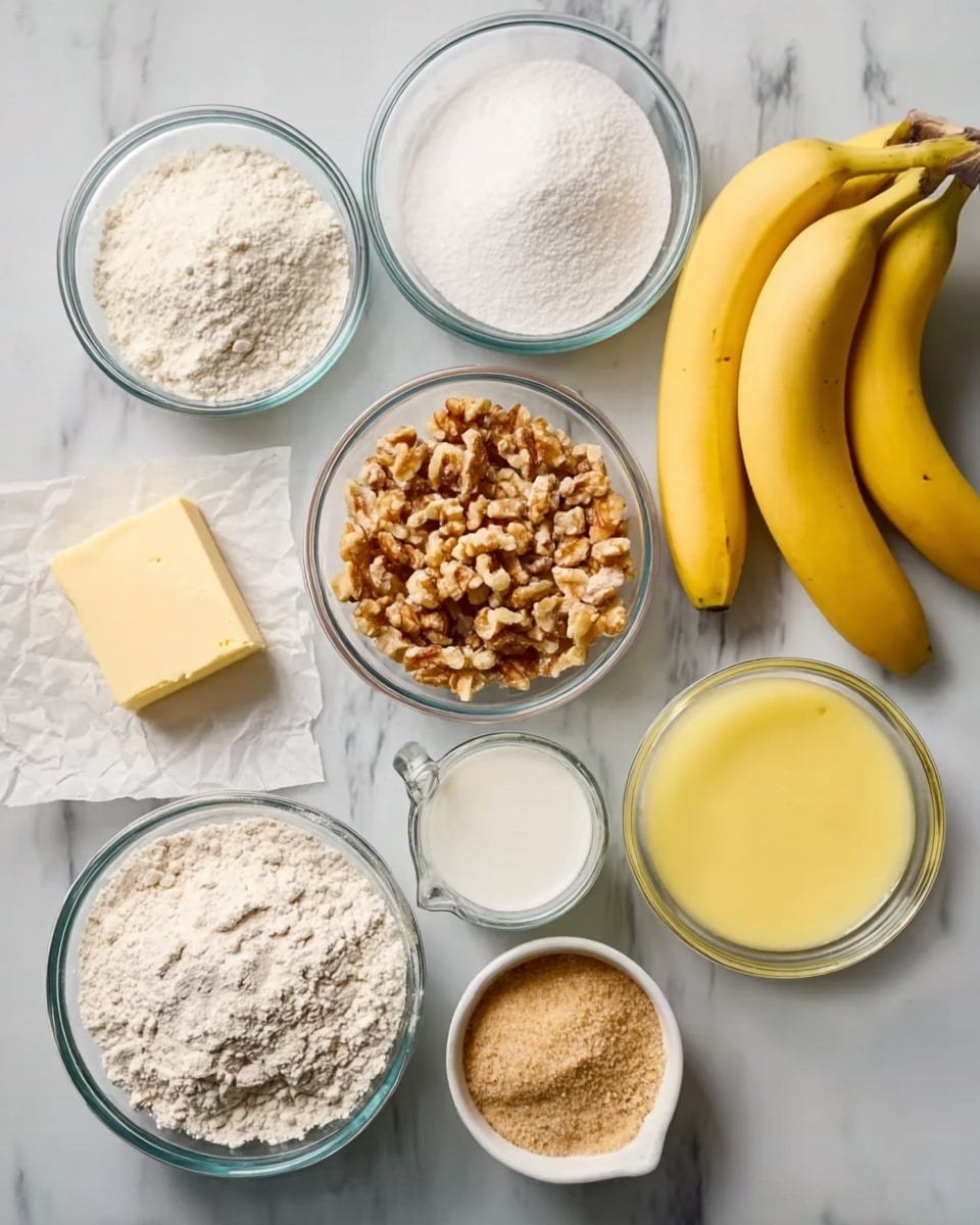 The image shows a white marbled surface with several clear glass bowls arranged in a 3 by 3 grid. The top row has a bowl of white sugar, a bowl of white flour, and a measuring cup with white milk. The middle row includes three yellow bananas on the left side, a clear bowl of chopped brown nuts in the center, and a bowl of light brown sugar on the right. Below these, there is a stick of pale yellow butter on parchment paper to the left, a bowl of white powdery flour in the center, and a small bowl of yellow melted butter on the right. Photo taken with an iphone --ar 4:5 --v 7