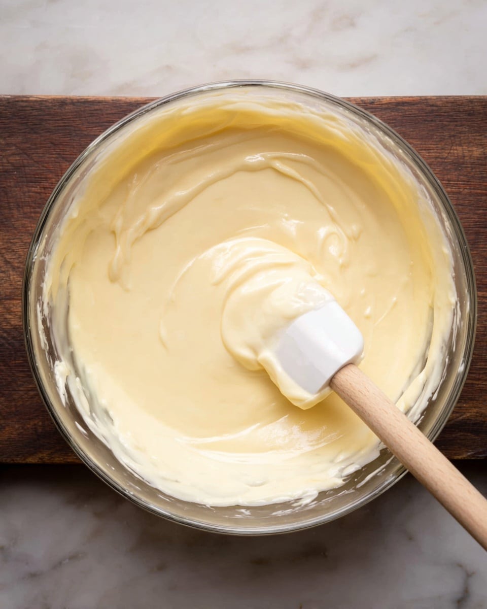 The image shows a clear glass bowl filled with a smooth, creamy pale yellow mixture. A wooden spatula with white silicone on the tip is placed inside the bowl, partially submerged in the mixture, which has a thick and soft texture. The bowl sits on a white marbled surface that replaces the original dark wooden texture, creating a clean and bright look. photo taken with an iphone --ar 4:5 --v 7