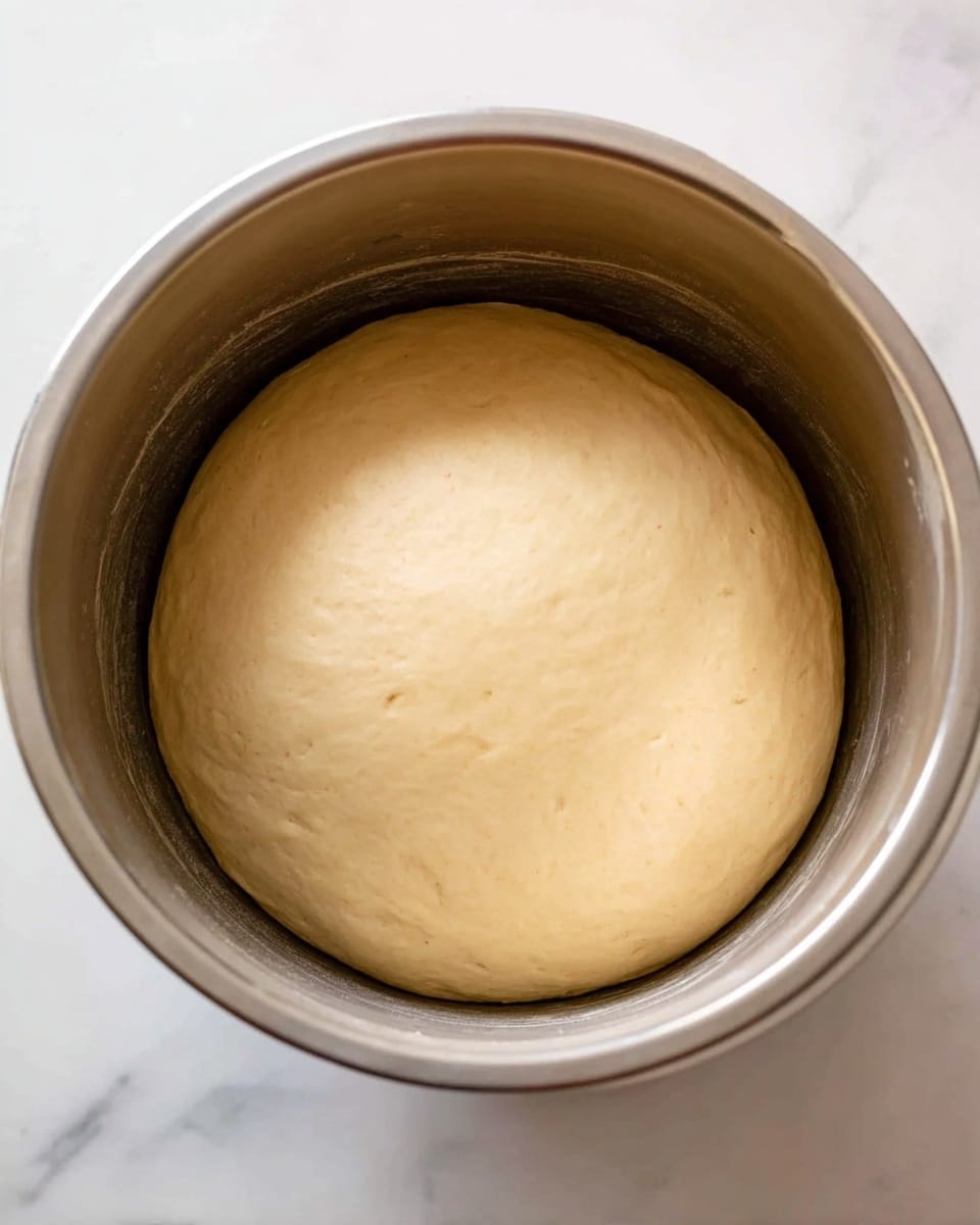 A close-up view of a round dough ball resting evenly in a silver mixing bowl. The dough is light beige in color, smooth and slightly shiny, filling the bowl and rising high against the sides. The bowl sits on a white marbled surface, creating a clean and bright setting. photo taken with an iphone --ar 4:5 --v 7