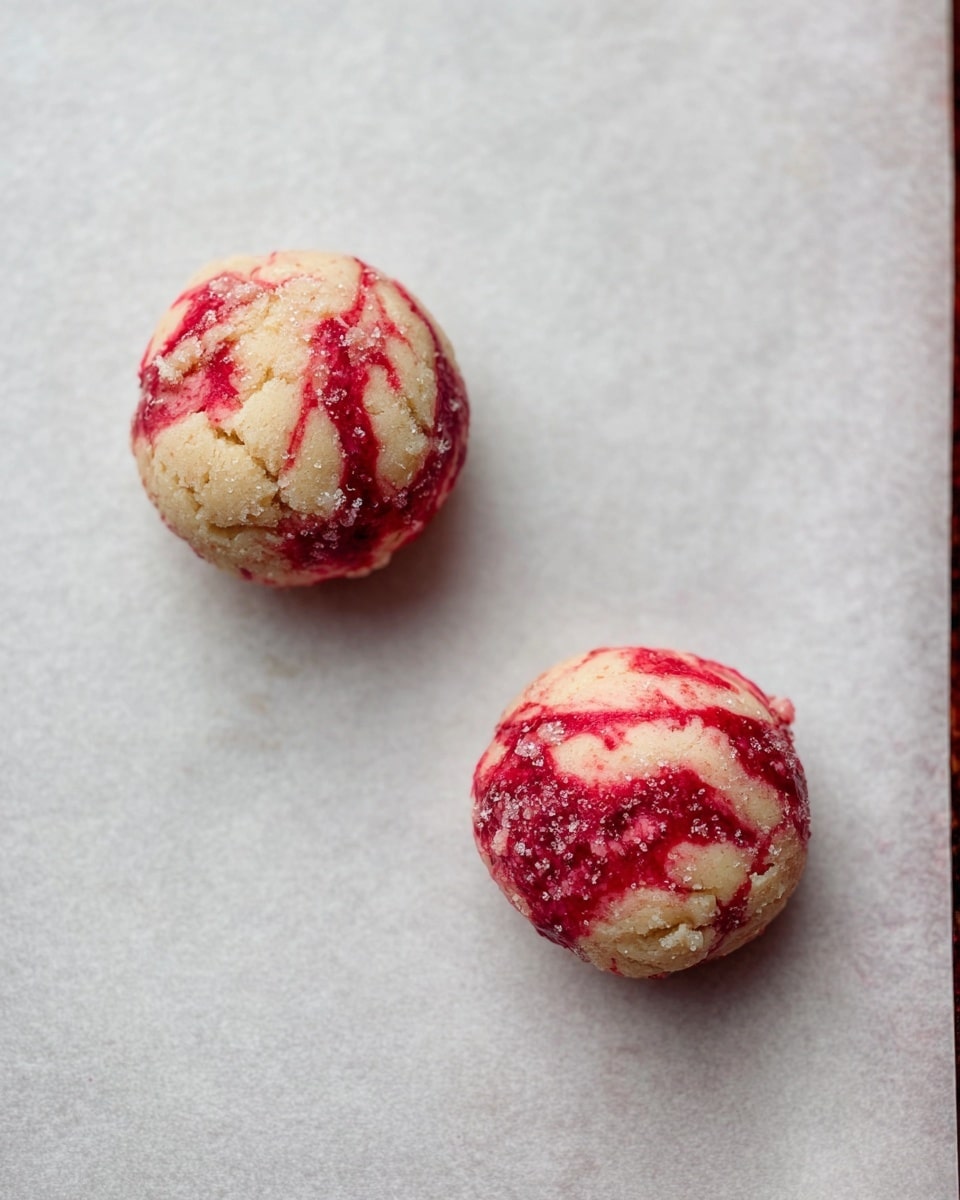 Two round cookie dough balls with swirls of red berry sauce sit apart on white parchment paper covering a baking tray. Each dough ball is pale beige mixed with uneven streaks and patches of bright red, giving a marbled effect. The dough looks soft and slightly crumbly on top, with a rough texture and small sugar crystals visible on the surface. The empty space around the dough balls emphasizes their shape and texture on the white marbled texture photo taken with an iphone --ar 4:5 --v 7