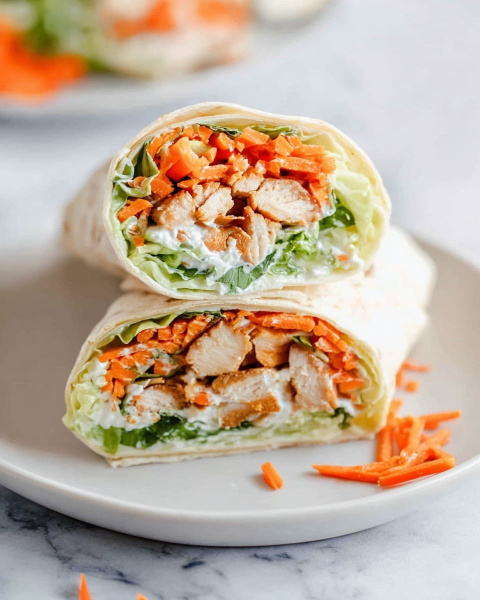 The image shows two halves of a wrap sandwich stacked on each other on a white plate, placed on a white marbled surface. The wrap has a soft, light-colored outer tortilla shell. Inside, the first layer is green lettuce, followed by a layer of shredded orange carrots. There are several pieces of cooked, light-brown chicken in the middle, topped with a creamy white cheese or sauce. The ingredients create a colorful mix of green, orange, light brown, and white, all tightly wrapped inside the tortilla. Small bits of shredded carrot are scattered near the plate edges. photo taken with an iphone --ar 4:5 --v 7