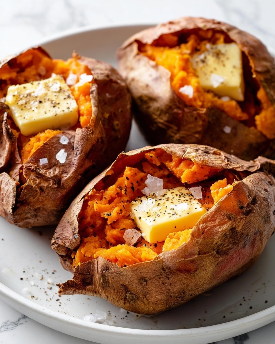 Three baked sweet potatoes are placed on a white plate with a white marbled surface beneath. Each sweet potato is split open to show soft, bright orange flesh inside with a small square of melting yellow butter resting on top. The skin is rough and brown with slight cracks and some dark spots. Tiny flakes of white salt and coarse black pepper are sprinkled over the orange flesh and butter. The lighting highlights the texture of the soft inside and the dry, crispy look of the outside skin. Photo taken with an iphone --ar 4:5 --v 7