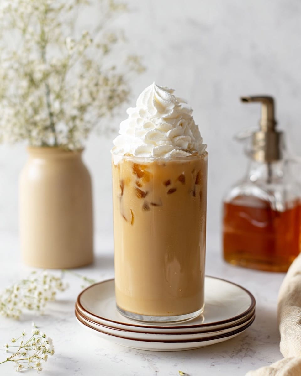 A tall glass filled with creamy light brown iced coffee with visible ice cubes inside, topped with a large swirl of white whipped cream that rises above the rim, all placed on a stack of two white plates with brown rims on a white marbled surface. In the background to the left, there is a beige vase with small white flowers, and on the right, a glass syrup bottle with amber-colored liquid and a metallic pour spout, with some loose small white flowers scattered near the base. Photo taken with an iphone --ar 4:5 --v 7