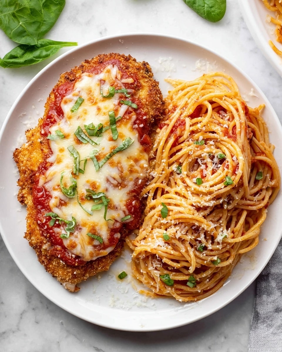 A white plate holds a serving of chicken parmesan and spaghetti. The chicken parmesan is on the left side, showing one thick layer of crispy, golden-brown breaded chicken topped with a layer of bright red tomato sauce and a thick, melted layer of creamy white cheese sprinkled with small pieces of green basil. On the right side, there is a pile of spaghetti noodles coated in red tomato sauce, lightly sprinkled with grated cheese and small green basil pieces. The plate is set on a white marbled surface with some spinach leaves scattered around. Photo taken with an iphone --ar 4:5 --v 7