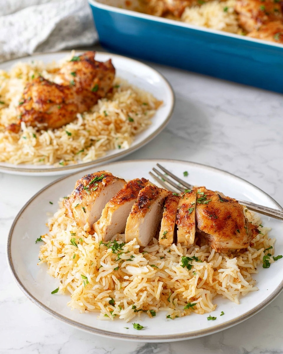 Two white plates on a white marbled surface each hold a serving of cooked rice with a slight golden color and small green herb pieces sprinkled on top. The plate in the background has two pieces of seasoned, browned chicken thighs placed on top of the rice. The plate in the foreground has sliced seasoned chicken breast, showing a juicy white inside, arranged in a fan shape over the rice with scattered green herbs on the chicken and rice. A silver fork rests on the edge of the foreground plate. In the background, a blue baking dish with more rice and chicken is partially visible. Photo taken with an iphone --ar 4:5 --v 7