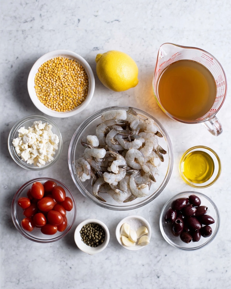 A white marbled surface holds several clear glass bowls and a white bowl filled with cooking ingredients, arranged neatly. In the center, a clear glass bowl is filled with raw shrimp with grayish-white and light brown shells. To the left, a white bowl holds small yellow lentils, next to a small glass bowl with white crumbled cheese and a separate small bowl of dark green capers. Above these, a whole yellow lemon and a transparent measuring cup filled with light brown broth rest side by side. On the right side, a small glass bowl holds dark purple-black olive slices, with three garlic cloves nearby. Below, a medium clear glass bowl contains deep red cherry tomatoes, and beside it are two small bowls one with light amber olive oil and the other with white salt and black pepper. Photo taken with an iphone --ar 4:5 --v 7