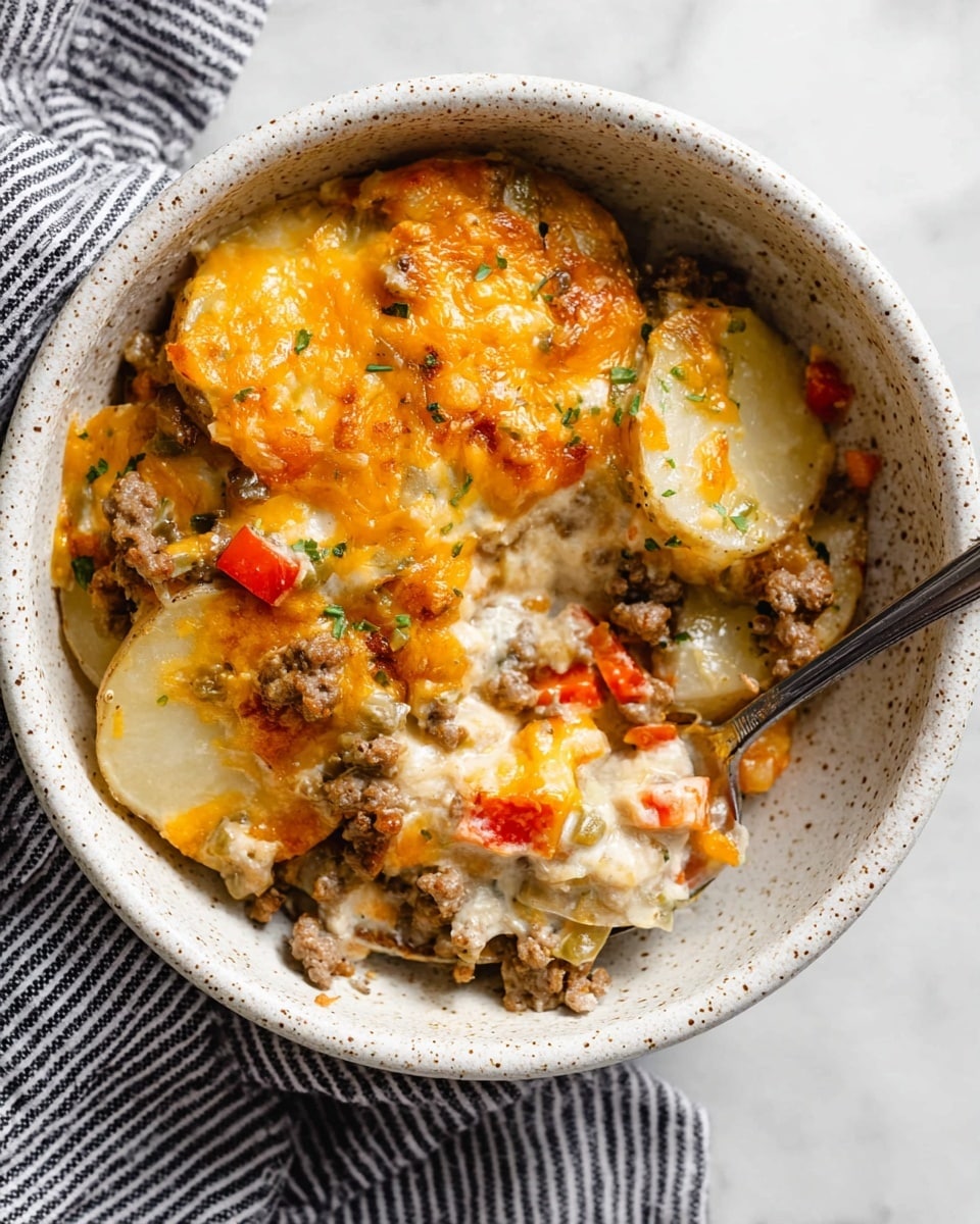 A bowl filled with a creamy layered dish showing about four layers: thin slices of white potatoes at the bottom, topped with a mix of browned ground meat and small pieces of red and green bell peppers, then a thick layer of melted golden-yellow cheddar cheese with slightly browned spots, and some creamy white sauce spread unevenly on top. The white bowl has a speckled texture, and a silver spoon sits partially inside, scooping up a mix of all layers. The setting rests on a white marbled surface with a striped black and white cloth beside the bowl. Photo taken with an iphone --ar 4:5 --v 7
