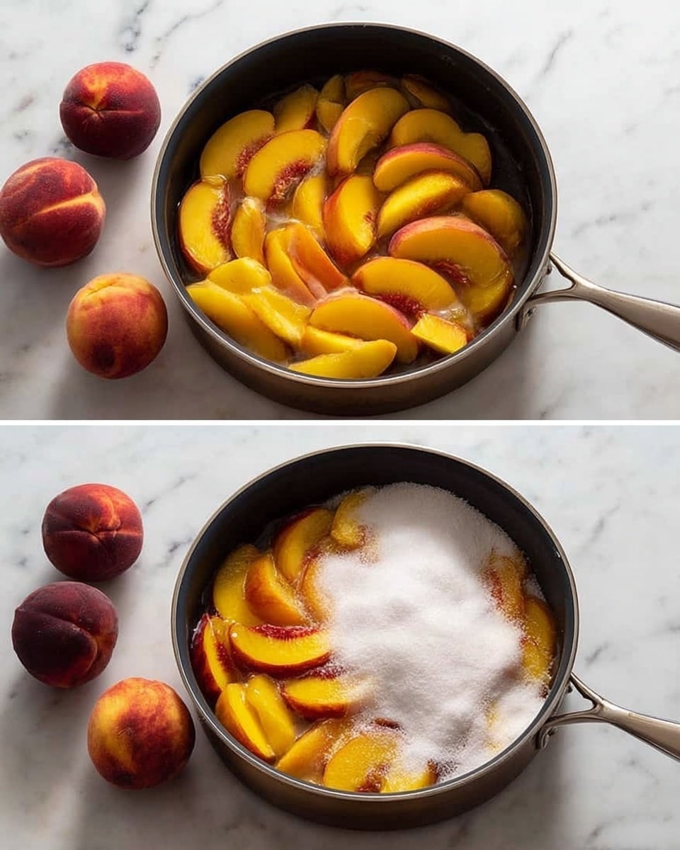 The first image shows a dark pan filled with several slices of yellow and orange peaches neatly layered inside, placed on a white marbled surface. Around the pan, there are some whole peach fruits with reddish-brown fuzzy skin. The second image shows the same pan and peach slices, but now a layer of white granulated sugar is spread on top of the peaches. The pan handle points to the left in both images with no other items visible near it. Photo taken with an iphone --ar 4:5 --v 7