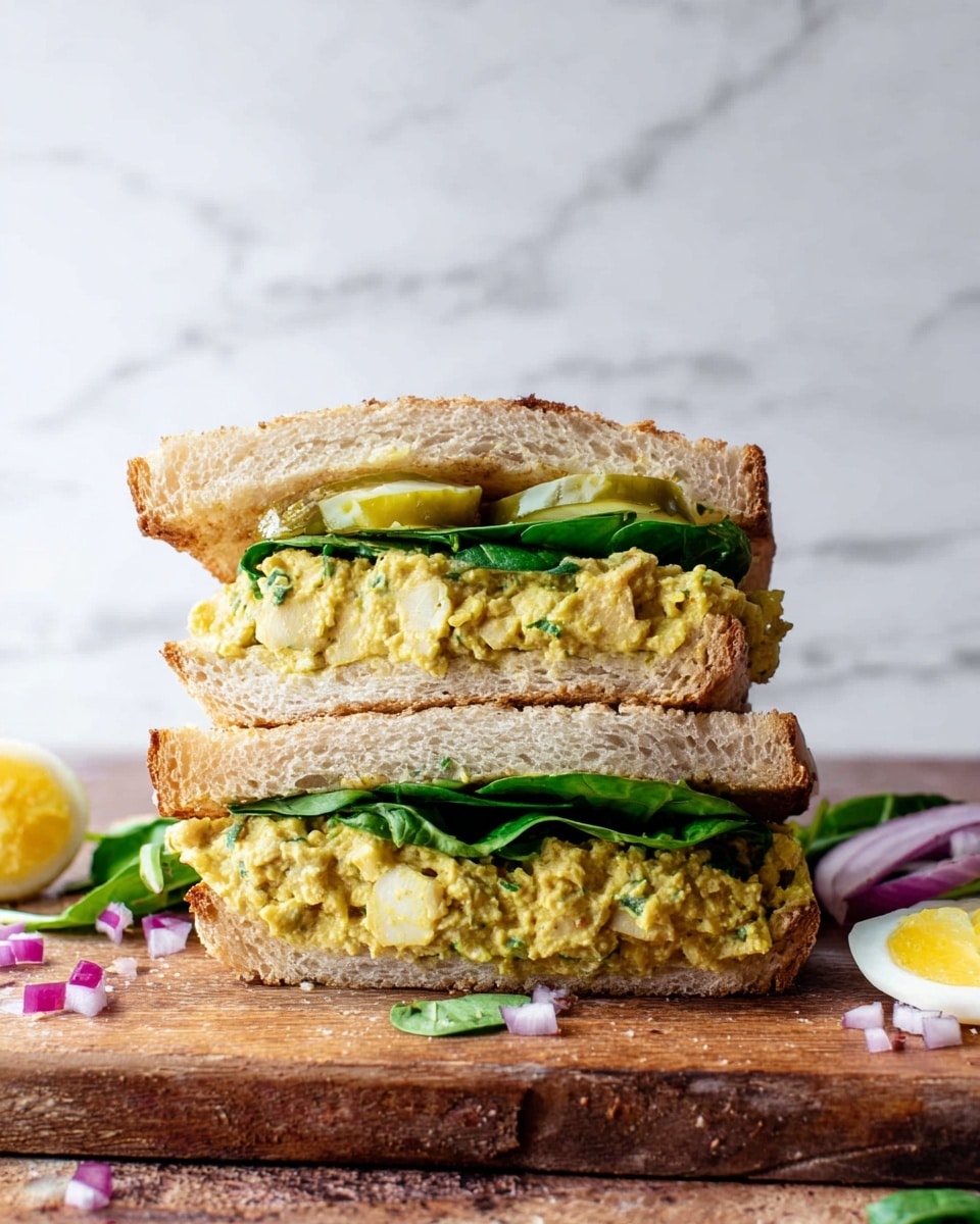The image shows a sandwich cut in half and stacked vertically, resting on a wooden surface. The sandwich has two thick layers of light, soft bread with a slightly toasted and brown crust on top. Inside, there are two layers of green leafy spinach at the bottom and middle. Above the spinach, there is a thick, uneven layer of chunky yellowish filling with visible small bits of red onion mixed in. On the top layer of filling, a couple of thin pickle slices are placed. Around the sandwich, there are scattered pieces of chopped red onion and a wedge of pickle on the wooden surface, all set against a white marbled backdrop. photo taken with an iphone --ar 4:5 --v 7