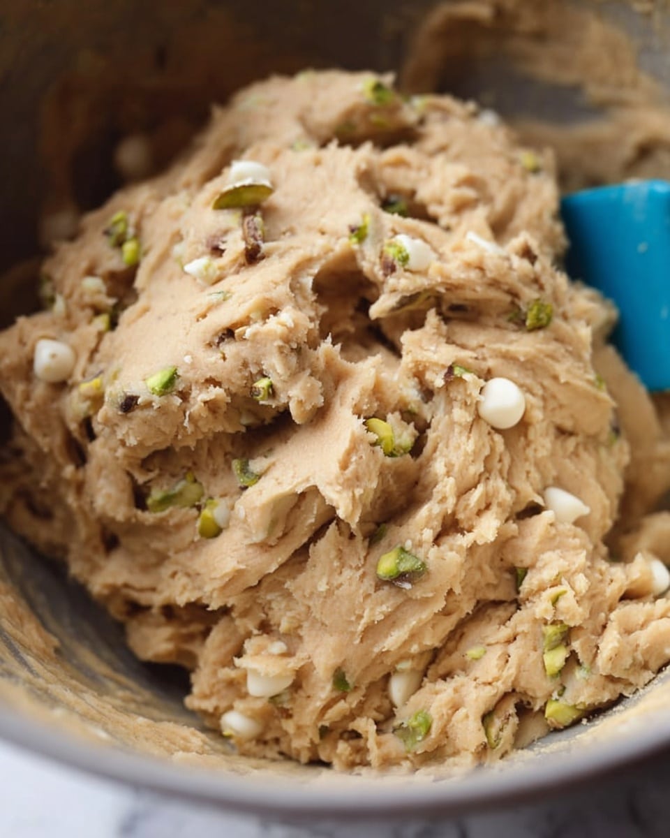 A close-up showing a thick, light brown dough filled with scattered white chocolate chips and small green pistachio pieces mixed evenly throughout. The dough appears soft and sticky with a textured surface, held inside a bowl, with a blue spatula partly visible in the mix. The overall look is dense with visible lumps of chocolate chips and nuts, all inside the bowl against a white marbled background. photo taken with an iphone --ar 4:5 --v 7