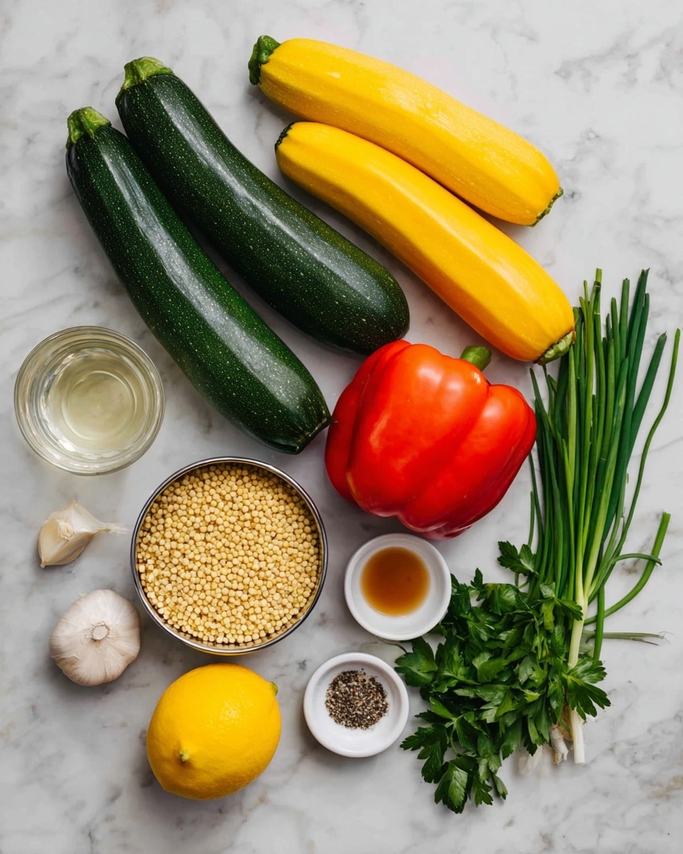The image shows fresh ingredients laid out neatly on a white marbled surface. There are two dark green zucchinis and two yellow zucchinis placed vertically on the left side. To their right, there is one bright orange bell pepper and one red bell pepper with shiny skins, both positioned near the top. Below the peppers, there is a small metal bowl filled with round pale yellow grains, likely couscous or millet. Next to the bowl, there are two white small dishes; one contains a mix of black pepper and salt, and the other holds a light brown liquid, possibly vinegar or a sauce. A whole clove of garlic and a lemon sit near the bottom left corner. A glass of clear liquid is placed near the top-right corner. On the right side, there is a bunch of fresh green herbs with long stems, including parsley and green onions, all arranged neatly. The overall setup is clean and brightly lit, with all items spaced to show their color and texture clearly. photo taken with an iphone --ar 4:5 --v 7