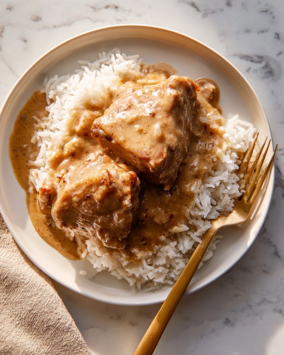 A white plate on a white marbled surface holds a bed of white rice as the first layer, topped with two pieces of cooked meat with a light brown color. A thick, creamy brown sauce with small bits of onion and pepper covers the meat and rice, spreading slightly on the plate. A gold fork rests on the right side of the plate, touching the rice. The lighting highlights the textures and colors of the dish. photo taken with an iphone --ar 4:5 --v 7