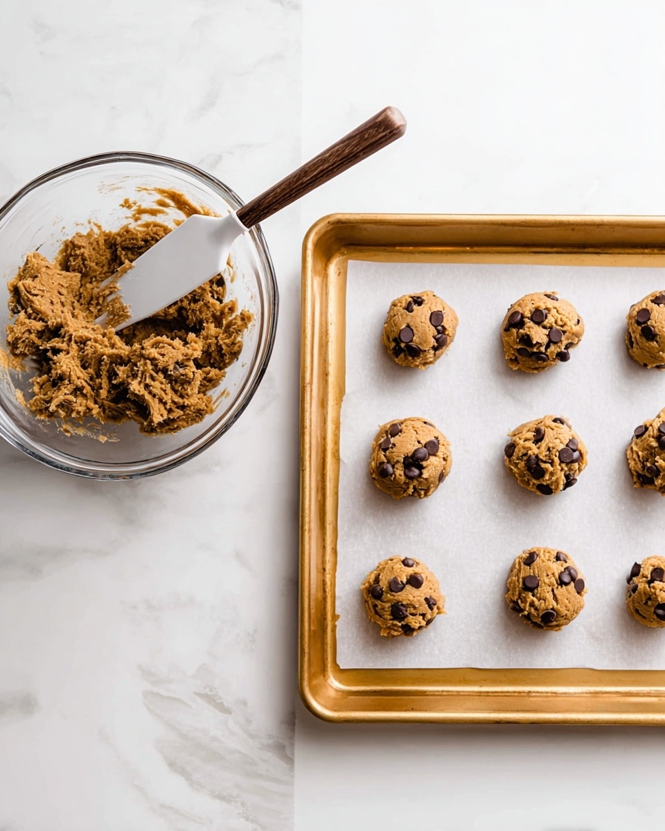 The image shows two parts: on the left is a clear glass bowl with thick, brown cookie dough mixed with dark chocolate chips, the dough has a chunky texture and a spatula with a white tip and wooden handle resting in it; on the right is a golden baking tray lined with white parchment paper holding six roughly round cookie dough balls, each dotted with dark chocolate chips, spaced evenly in two columns by three rows; the background is a white marbled texture. photo taken with an iphone --ar 4:5 --v 7