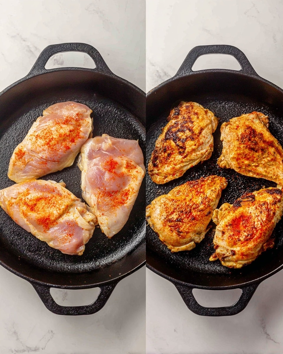 The image shows two black cast iron pans side by side on a white marbled surface. Both pans hold three chicken pieces. On the left pan, the chicken pieces are raw with a light pink color and a sprinkling of orange-red seasoning on top. On the right pan, the chicken pieces are cooked to a golden brown with a slightly crispy texture and darker seasoning spots visible. The pans have a matte finish and small handles on opposite sides. Photo taken with an iphone --ar 4:5 --v 7