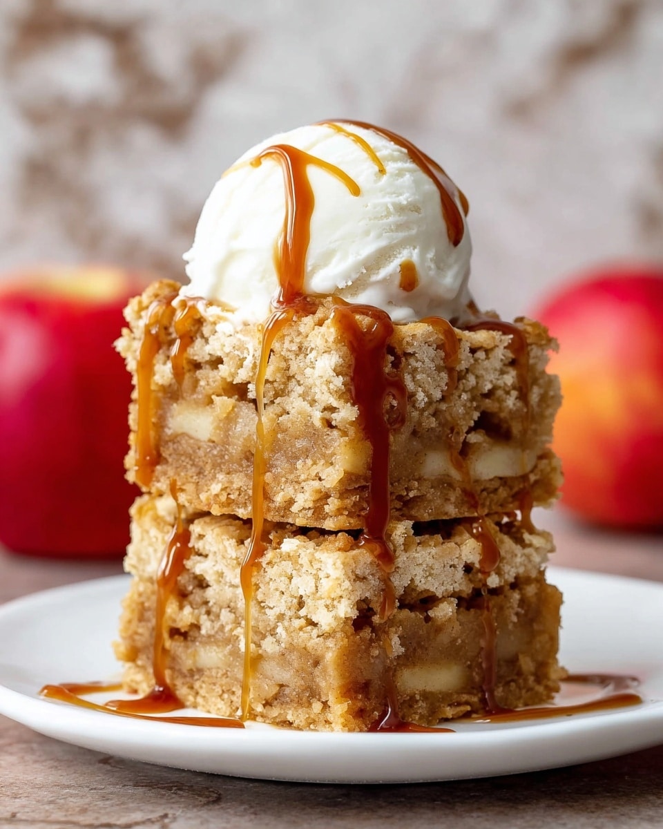 A stack of three square crumbly cake pieces with a light brown color and a soft texture sits centered on a white plate. The cake shows small bits of apple inside, visible through the crumbly layers. Drizzled caramel sauce flows down over the sides of the top two layers, adding a glossy, rich brown contrast. On top rests a round scoop of creamy white ice cream with a smooth surface. In the background, a blurred bright red apple and a white marbled texture are visible. photo taken with an iphone --ar 4:5 --v 7