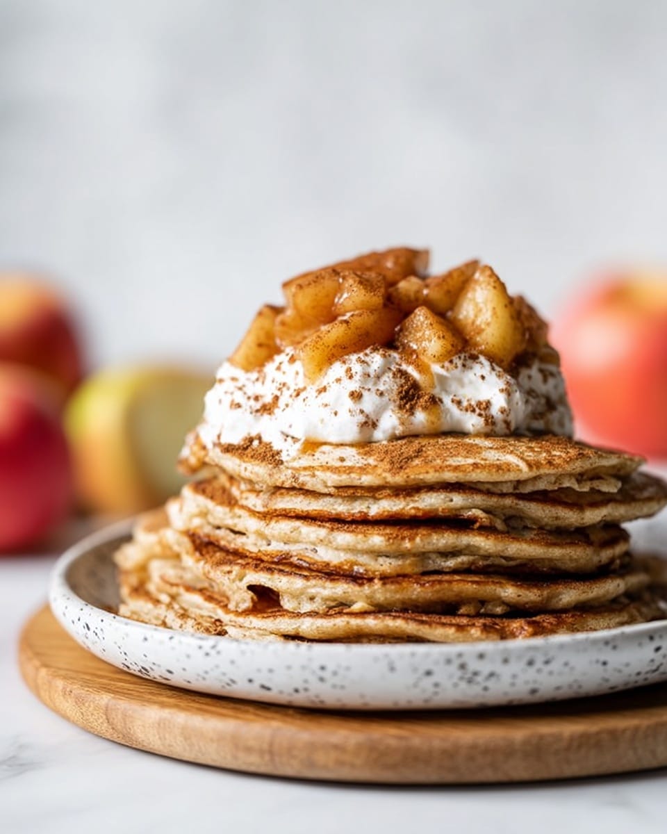 A tall stack of five golden-brown pancakes sits on a white plate with small dark speckles, placed on a wooden board over a white marbled surface. On the top pancake, there is a pile of cooked apple pieces with a caramel-like shine, topped with a dollop of white whipped cream sprinkled with brown cinnamon powder. The pancakes look soft and thick with a slightly rough texture. In the soft background, whole apples in red and yellow hues are slightly out of focus. Photo taken with an iphone --ar 4:5 --v 7