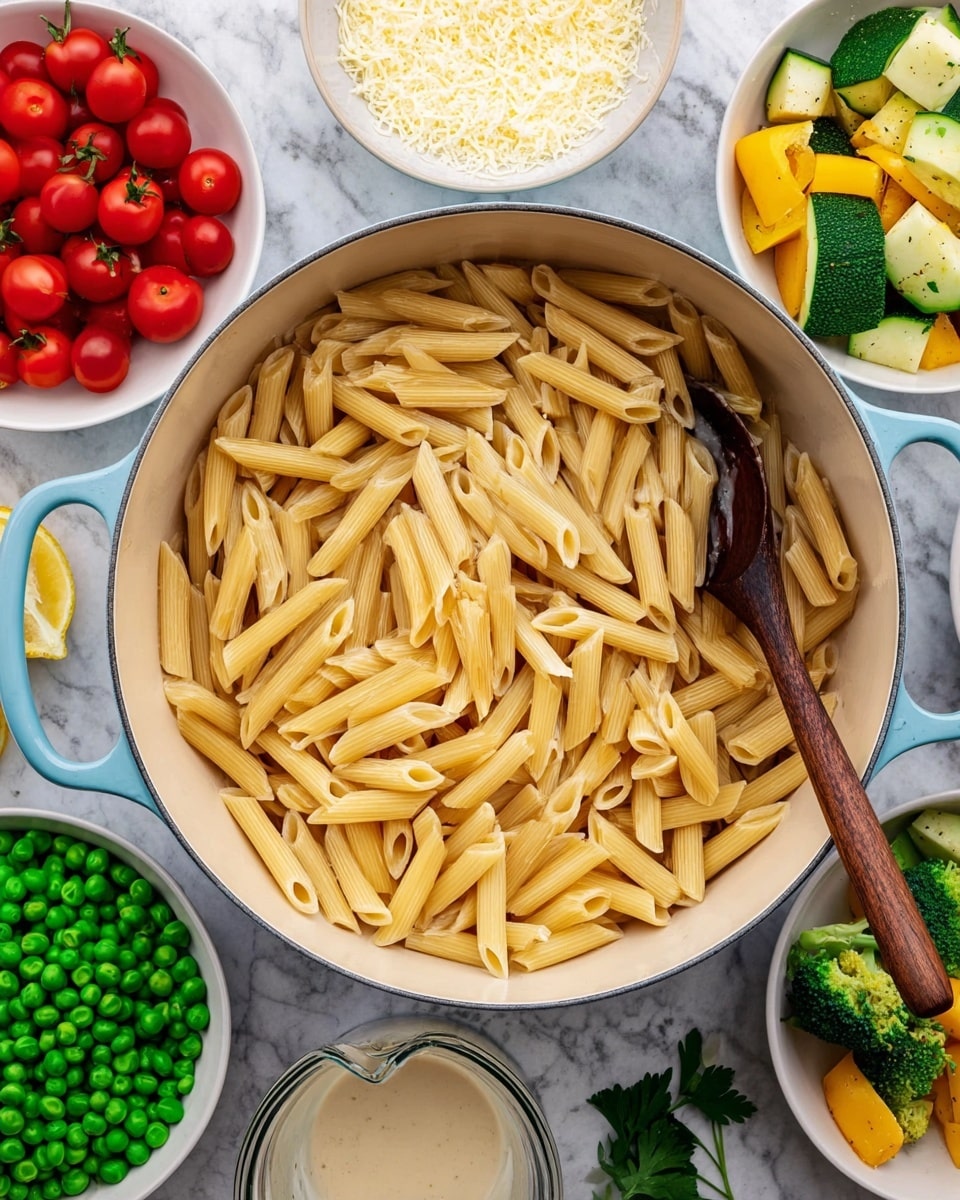A large white pot with light blue handles holds a single layer of cooked penne pasta, light golden and smooth, filling most of the pot. A dark wooden spoon rests on top of the pasta slightly to the right. Around the pot, on a white marbled surface, are small white bowls filled with bright green peas and halved shiny red cherry tomatoes. To the top left, there is a white bowl with finely grated cheese, and next to it, a white bowl with cooked green and yellow vegetables like broccoli, zucchini, and bell peppers. Near the bottom left, a clear measuring cup holds a light cream sauce. In the top right corner, two lemon halves and a small green parsley sprig are placed. photo taken with an iphone --ar 4:5 --v 7