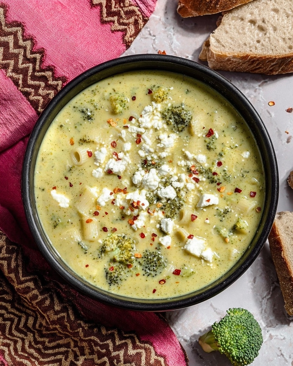 A black bowl filled with creamy, light green soup that has small broccoli pieces, short tube pasta, and white cheese crumbles scattered on top, along with red chili flakes. Around the bowl are pieces of rustic brown bread and a small bright green broccoli floret on a white marbled surface. A pink cloth with a brown zigzag design is placed beside the bowl. Photo taken with an iphone --ar 4:5 --v 7