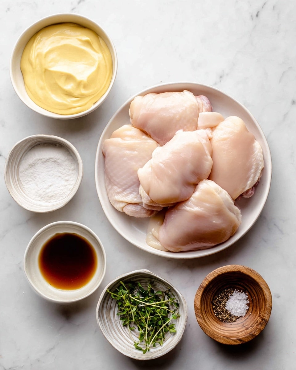 A white bowl on the right is filled with several smooth, pale pink raw chicken thighs stacked together. To the left of the bowl, there are six smaller white bowls arranged in two vertical lines. The top left bowl holds a thick, creamy, yellow sauce with a smooth texture that fills the bowl. Below it is a bowl of dark brown liquid with a shiny surface. Below that is a bowl with a white powdery substance. The top right bowl contains green, fresh herbs arranged loosely inside. Below it is an empty bowl with visible spiral patterns inside. At the bottom right is a small wooden bowl with a mix of salt and black pepper. All items rest on a white marbled surface photo taken with an iphone --ar 4:5 --v 7