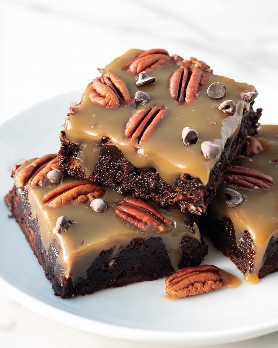 The image shows a close-up of three square brownies on a white plate, each with two visible layers. The bottom layer is dark brown and dense with a slightly rough texture, indicating a rich chocolate brownie. The top layer is a light brown caramel-like sauce spread unevenly, dripping slightly over the edges. Scattered on the top are whole pecan halves with a warm caramel color and smooth chocolate chips that add dark brown spots. The plate rests on a white marbled surface. photo taken with an iphone --ar 4:5 --v 7