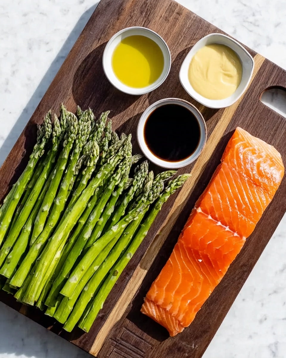 The image shows a dark wooden cutting board on a white marbled surface. On the left side of the board, there is a neat bundle of fresh green asparagus, with vibrant and smooth stalks. To the right of the asparagus, there are three small white bowls containing different sauces or seasonings: the top bowl has a light yellow liquid, the middle bowl is filled with a dark soy-like sauce, and the bottom bowl has a creamy pale yellow sauce. On the far right side of the white marbled surface, a large piece of fresh orange salmon fillet is placed, showcasing its smooth and shiny texture. Photo taken with an iphone --ar 4:5 --v 7