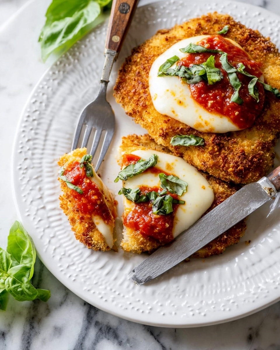 The dish shows two pieces of breaded chicken cutlets placed on a white plate with a raised, patterned edge. Each cutlet has a round, thick layer of melted white cheese on top, followed by a dollop of red tomato sauce and scattered green basil leaves. One cutlet has a bite-sized piece lifted on a silver fork next to a knife with a wooden handle, resting on the plate. The plate sits on a white marbled surface with a few fresh green basil leaves visible around the edges. The colors include golden brown for the breading, creamy white for the cheese, vibrant red for the sauce, and fresh green for the basil. Photo taken with an iphone --ar 4:5 --v 7