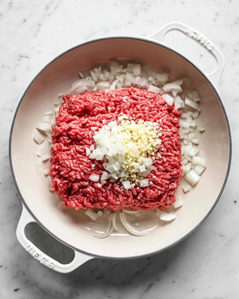 The image shows a white round pan with two handles, placed on a white marbled surface. Inside the pan, at the center, there is a block of raw red ground meat with a slightly textured surface. On top and around the meat, there are small white onion pieces scattered, especially on the right side of the meat. Additionally, finely chopped light yellow garlic is piled on the center part of the meat. The overall scene is bright and clear, showing the fresh ingredients ready for cooking. photo taken with an iphone --ar 4:5 --v 7