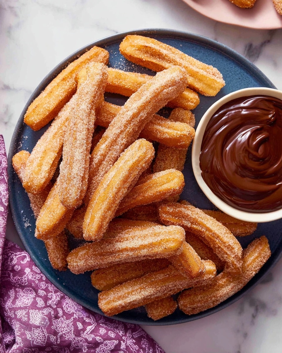 A dark blue plate sits on a white marbled surface, filled with about two dozen golden-brown churros covered in a layer of sugar and cinnamon. The churros have a ridged texture and vary slightly in size, creating a piled, slightly messy look. In the upper right edge of the plate, there is a small white bowl filled with thick, smooth dark chocolate sauce, showing soft swirls on the surface. A purple patterned cloth is partially visible under the left side of the plate, with soft folds and creases. Photo taken with an iphone --ar 4:5 --v 7