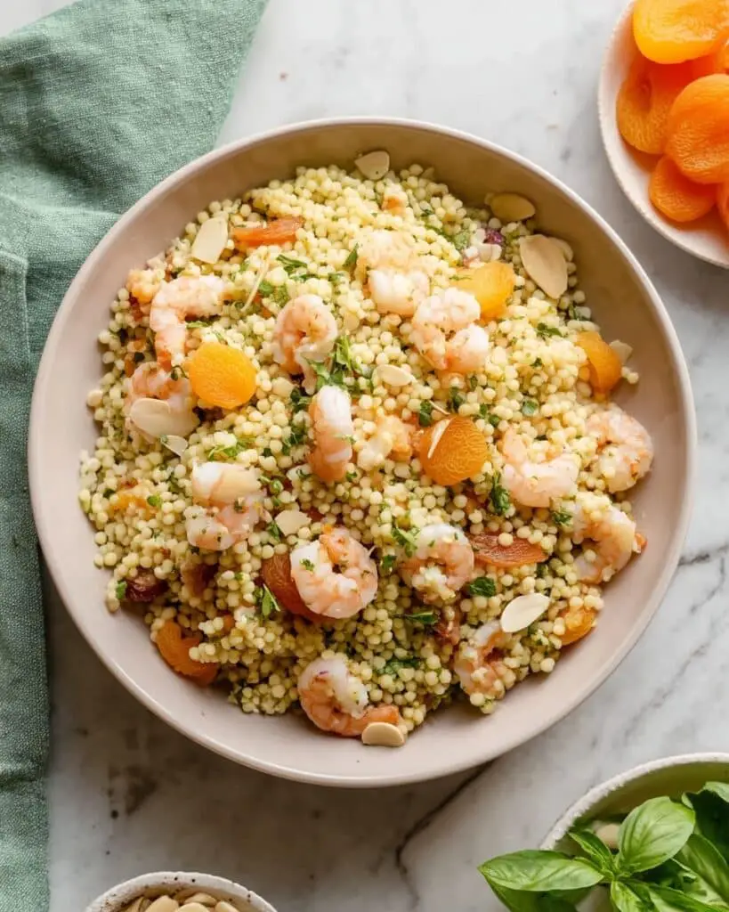 Pearl Couscous Salad with Shrimp, Apricots, and Basil Vinaigrette Recipe